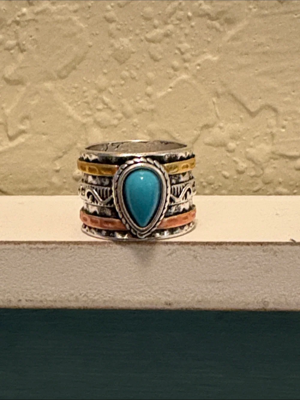 Bohemian Teardrop Turquoise Stone Wide Band Ring - Blue